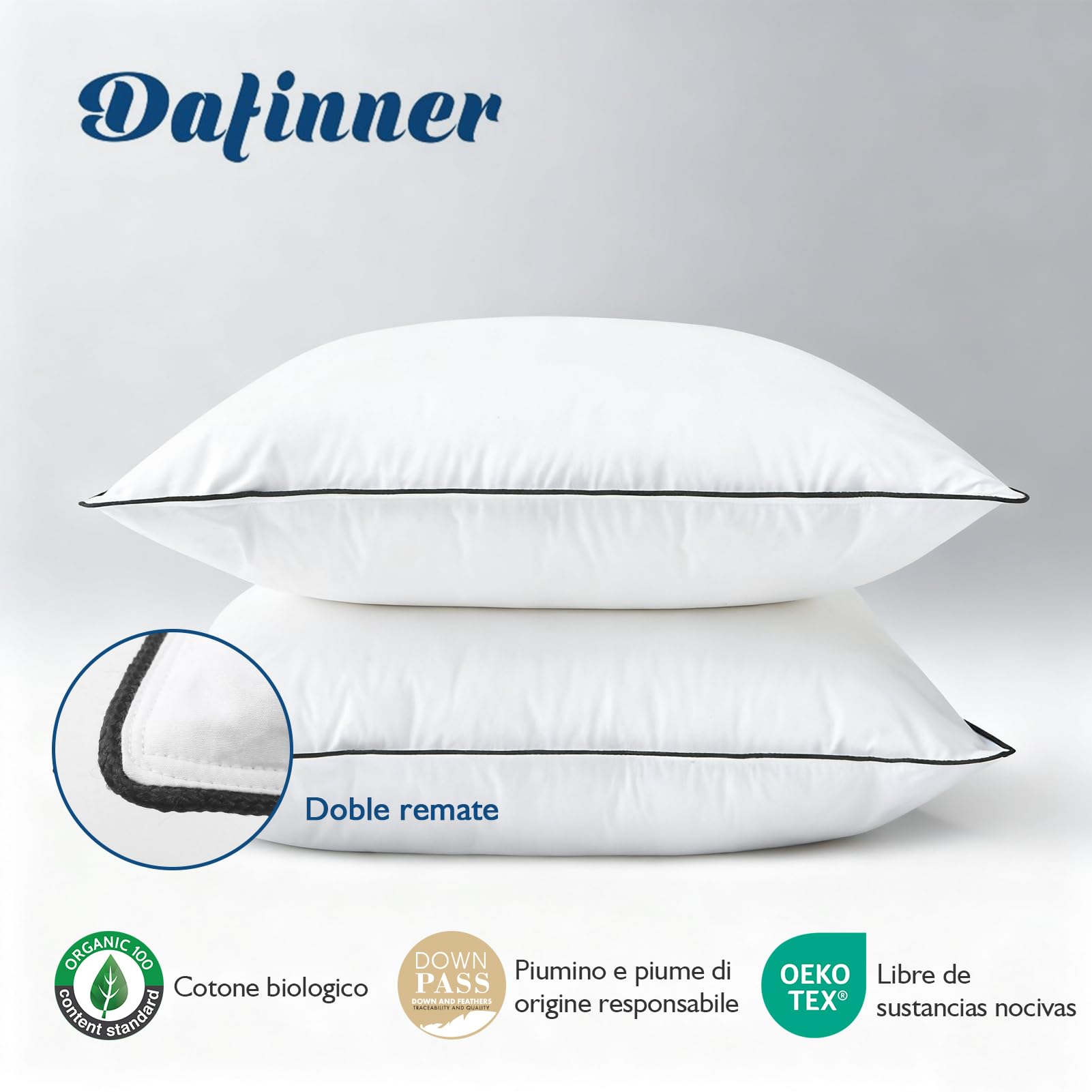 Dafinner 3 cámaras Almohada 50 × 75 cm-2 Unidades, 90% plumón cámaras ext. | Mezcla plumas int. |Oeko-TEX Downpass | Soporte medio | Funda algodón orgánico