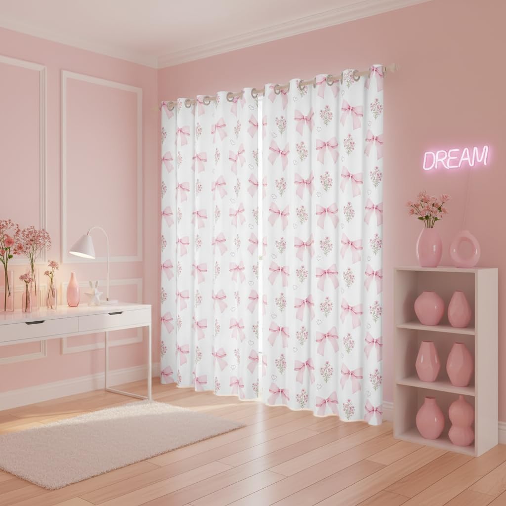 Erosebridal 2 Panels,42"x90" Bowknot Curtain for Girls Kids,Girly Pink Floral Heart Shaped 100% Blackout Window Curtain for Child Living Room Dorm Bow Ribbon Dreamy Princess Style Window Treatments