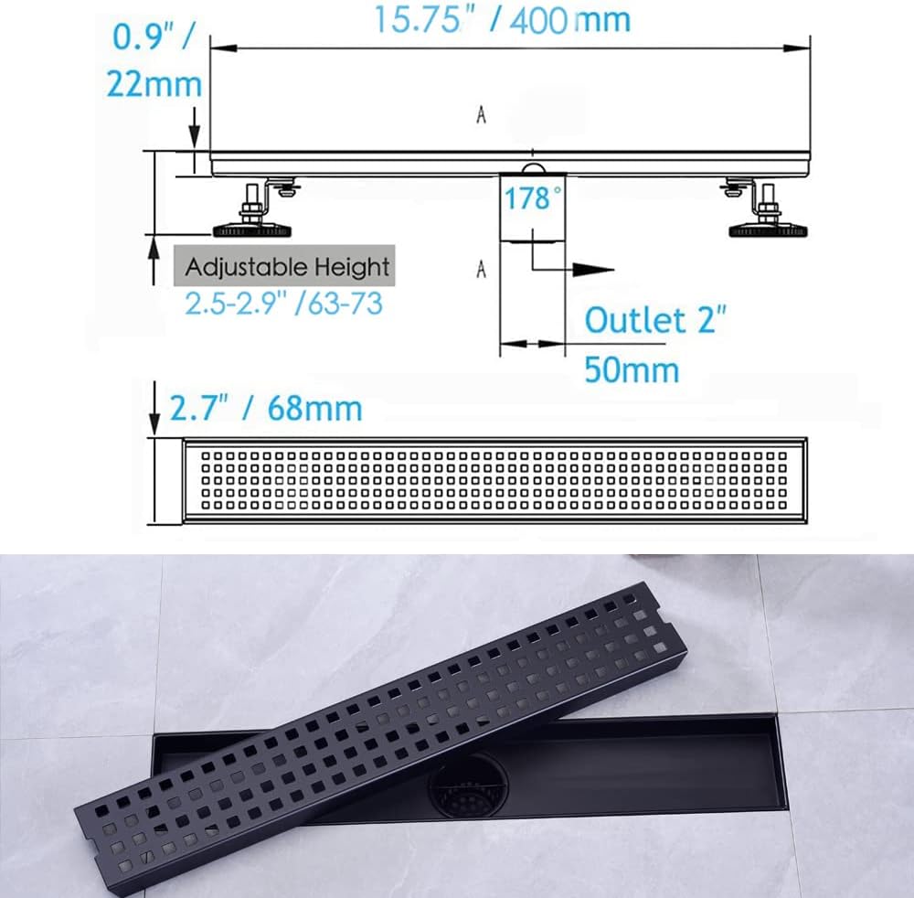 16 Inch Linear Bathroom Shower Rectangular Floor Drain,New Type with Removable Cover Grid Grate, Adjustable Leveling Feet Hair Strainer, SUS304 Stainless Steel,Black