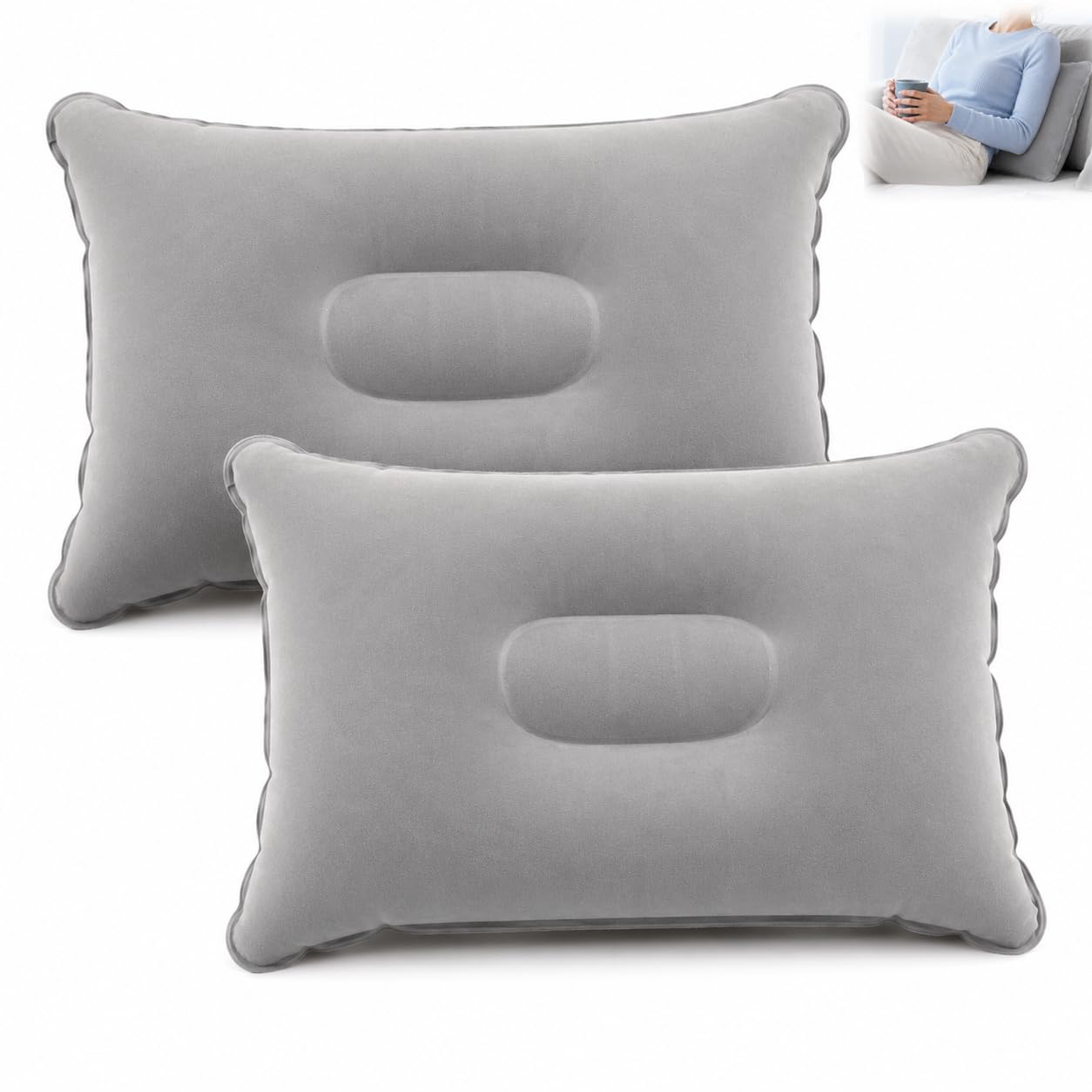2 Stück Aufblasbares Kissen 38 x 24 cm, Graues PVC Luftkissen Kopfkissen, Sitzkissen und Reisekissen, Leichtes Camping Zubehör für Wandern, Strand, Picknick, Festival, Flugzeug und Outdoor
