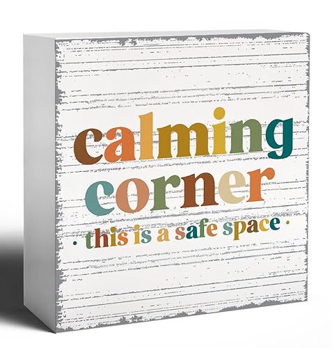 WNAGT Boho Calming Corner Wooden Box Sign, Safe Space Classroom Decor, This is a Safe Space Wood Signs for Classroom Therapy Counselor Office Calm Down Corner Desk Tabletop Decor, 5x5 Inch