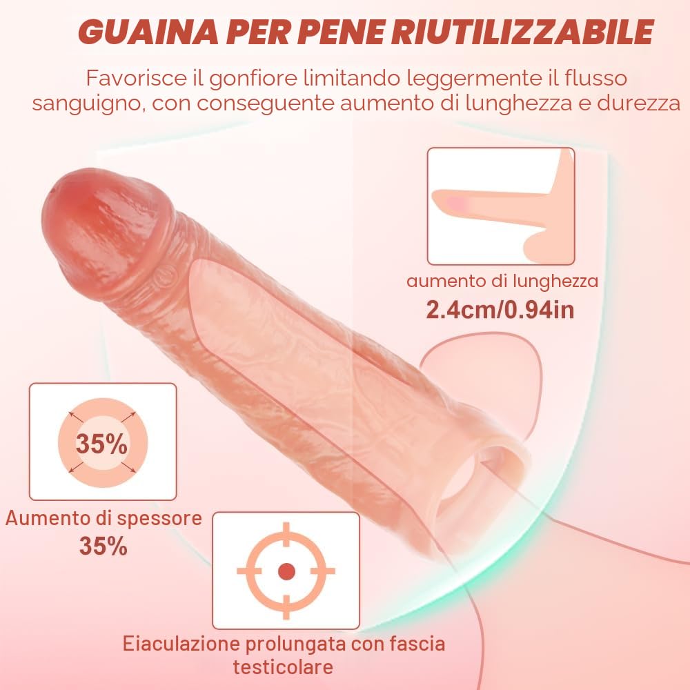 Guaina Pene, Prolunga PenE Indossabile Uomo con Anelli, 20cm/7,9inch Guaine E Prolunghe per Il Pene, Dildo Realistico In Silicone con Vene, Toys Sessuali