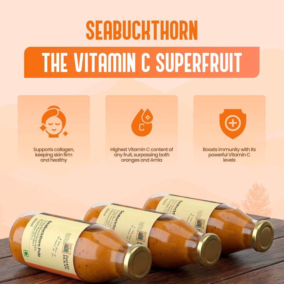 My Pahadi Dukan Himalayan Sea Buckthorn Pulp 300ml, Wild Berries, Rich in Omega 3 6 7 9 & Vitamin C, Herbal Seabuckthorn Juice, Supports Immunity, Skin & Gut Health, Lab Tested, Cold Pressed 1