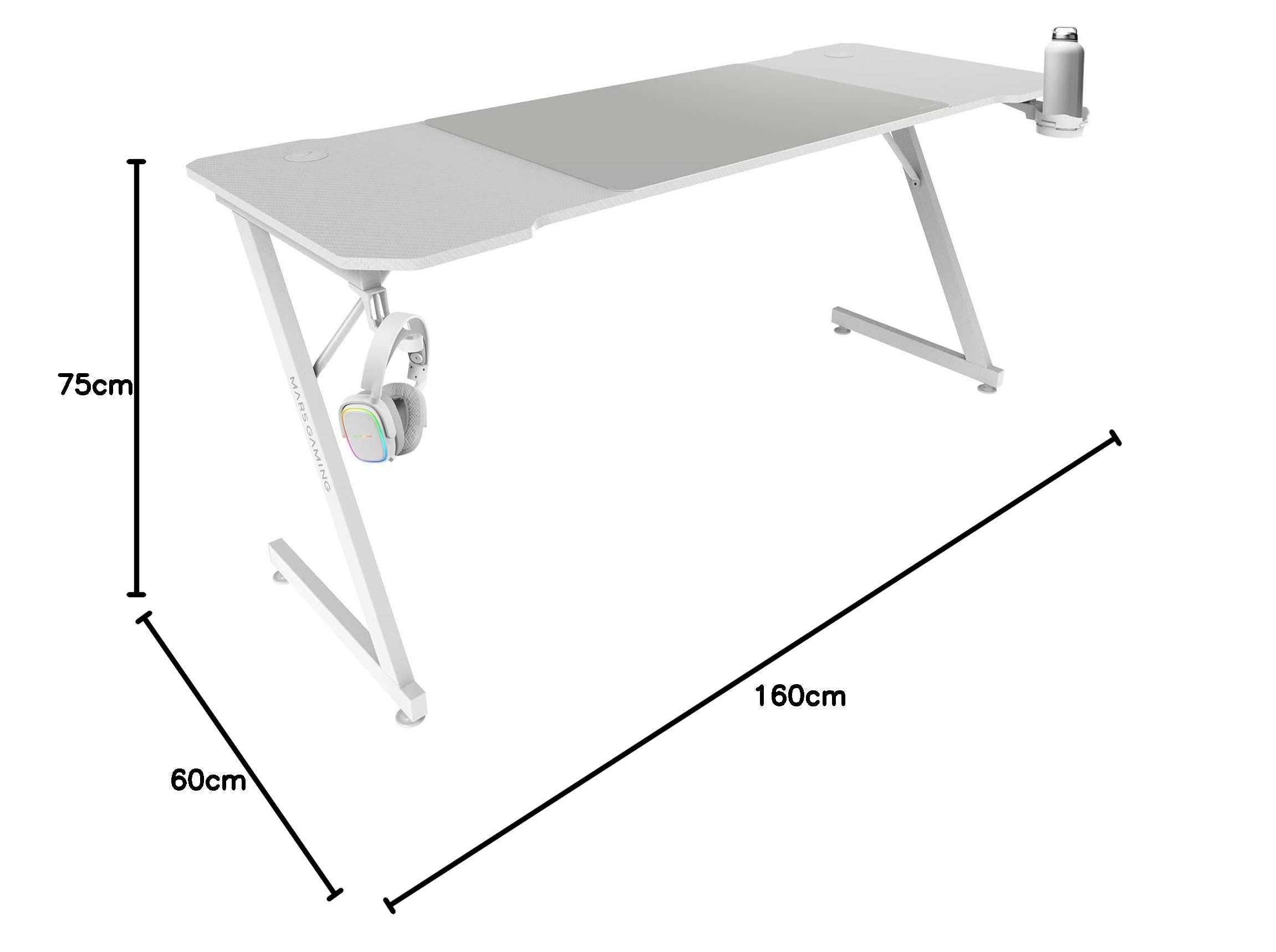Mars Gaming MGD-X160, Bureau Gaming Ergonomique, Surface en Fibre de Carbone, Structure Métallique, Tapis de Souris XXL, Supports Casque et Boissons, Gestion des Câbles, Bureau Gaming 160x60cm, Blanc