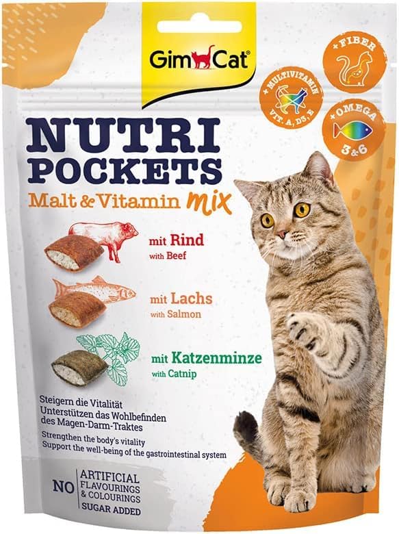 GimCat Nutri Pockets Mezcla de Malta y vitaminas - Snack crujiente para Gatos, con Relleno cremoso e Ingredientes funcionales - 1 Bolsa (1 x 150 g) (Paquete de 5)