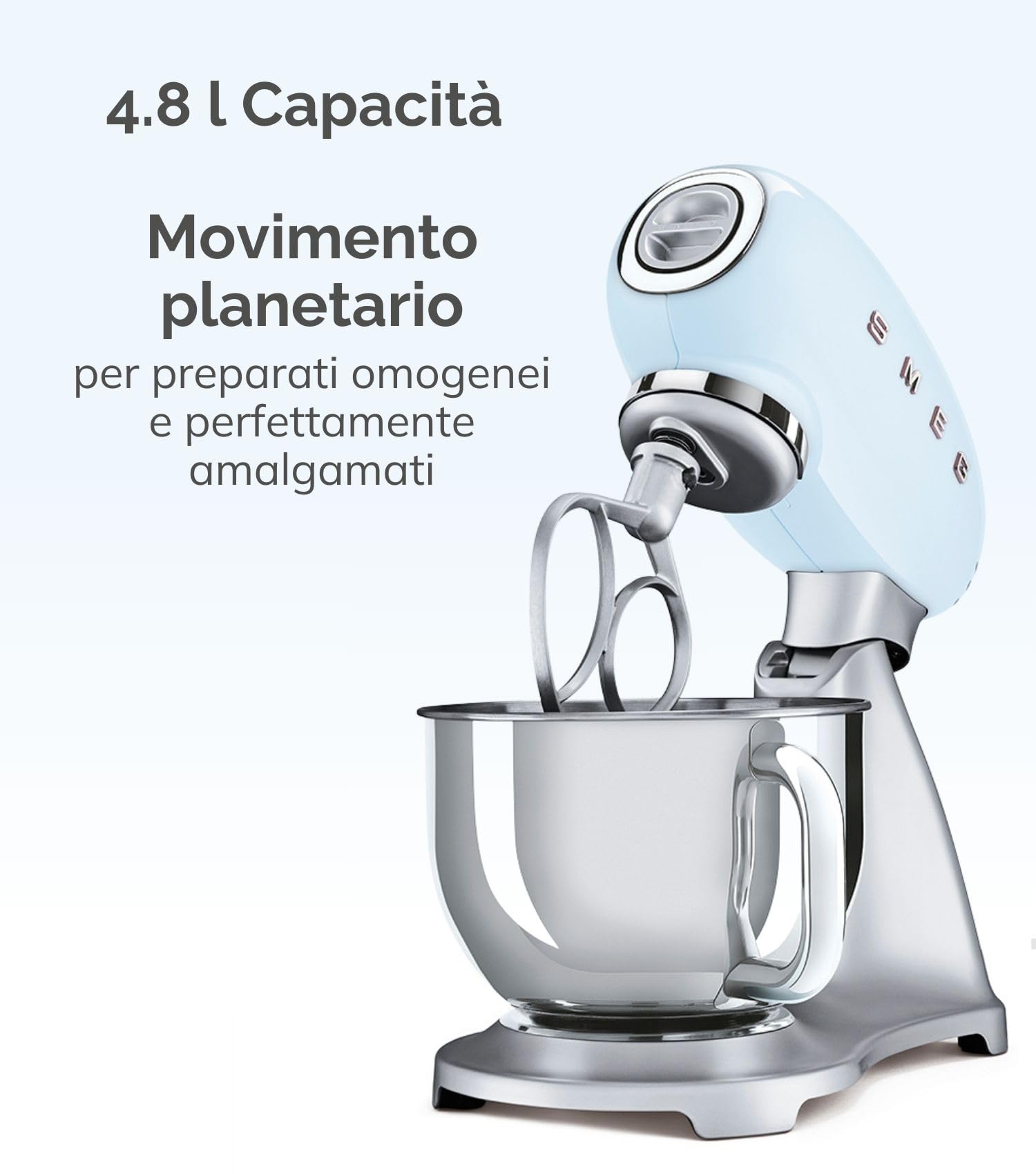 Smeg, Impastatrice Planetaria SMF02CREU, 10 Velocità, Smooth Start, Ciotola da 4,8 L, Sicurezza Blocco Motore, Frusta Filo, Frusta Piatta, Gancio e Coperchio Versatore in Dotazione, 800W, Panna