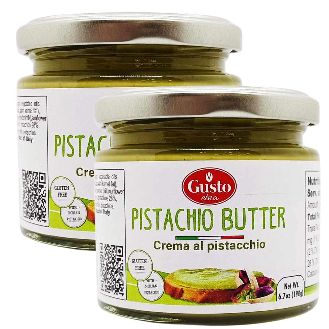 2 PACK - Pistachio Butter Sweet Spreadable Cream, 2 Pack x 6.7 oz (190g) Rich & Nutty Pistachio Cream Spread for Knafeh Pistachio Chocolate Bars, Italian Pistachio Paste, Product of Sicily, Italy, No GMO, Gusto ETNA