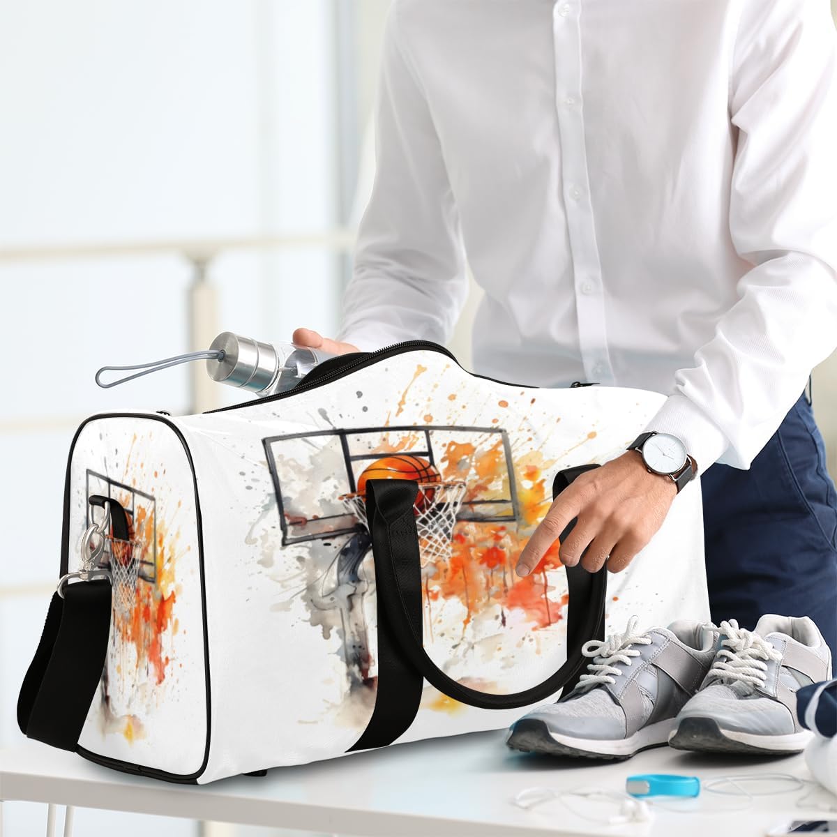 Watercolour Basketball Stand Travel Duffel Bag for Women Men Large Capacity Overnight Weekender Bags for Lightweight Waterproof Sport Gym Bag for Workout Yoga Swim