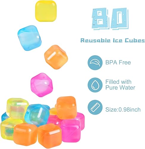 Miniatura 3 de Paquete de 80 cubitos de hielo reutilizables, coloridos cuadrados de plástico, cubos de hielo lavables y recongelables para bebidas, whisky, café