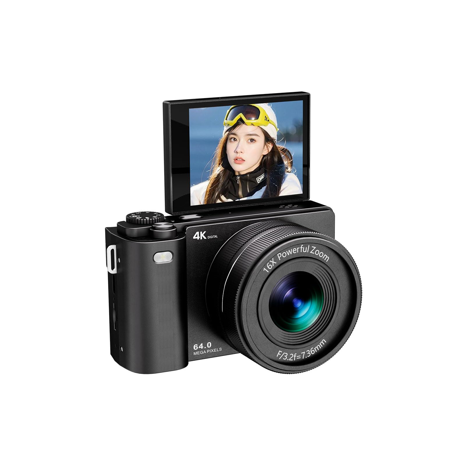 Andoer Cámara Digital 64MP para Vlogging, Zoom Óptico 16X, Pantalla IPS de 2.8 Pulgadas, MP3, Self-Timer, Ráfaga, Ángulos de Visión Amplios con Zoom Óptico 16X para Conciertos, Vida (Negro)