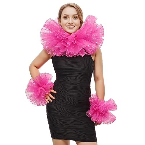 ANDHOM Renaissance Victorian Ruffle Collar and Wrist Cuffs Set Organza Colonial Clown Choker Neck Collar Cuff - Rose Red