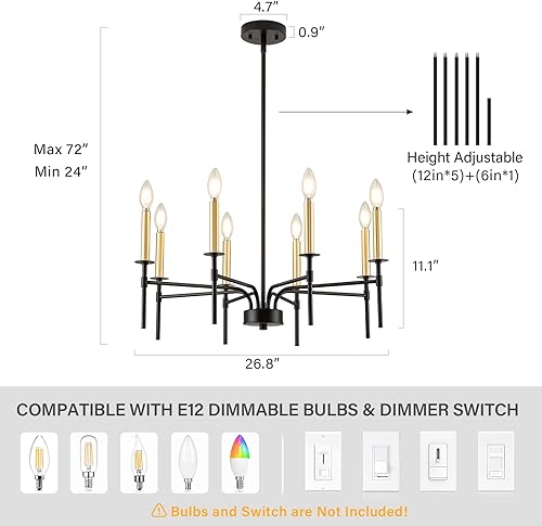 Miniatura 5 de ONESMING Candelabro moderno de granja negro y dorado, accesorios de iluminación de comedor sobre mesa, candelabros grandes de techo colgantes altos