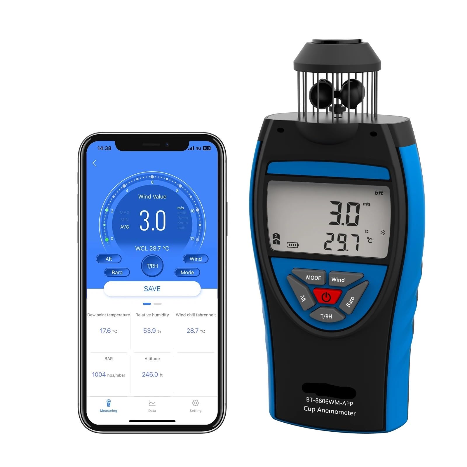 Anemómetro, Anemómetro digital de 0,3 a 42 m/s, velocidad del viento, volumen aire promedio HVAC, altitud en CFM, presión barométrica