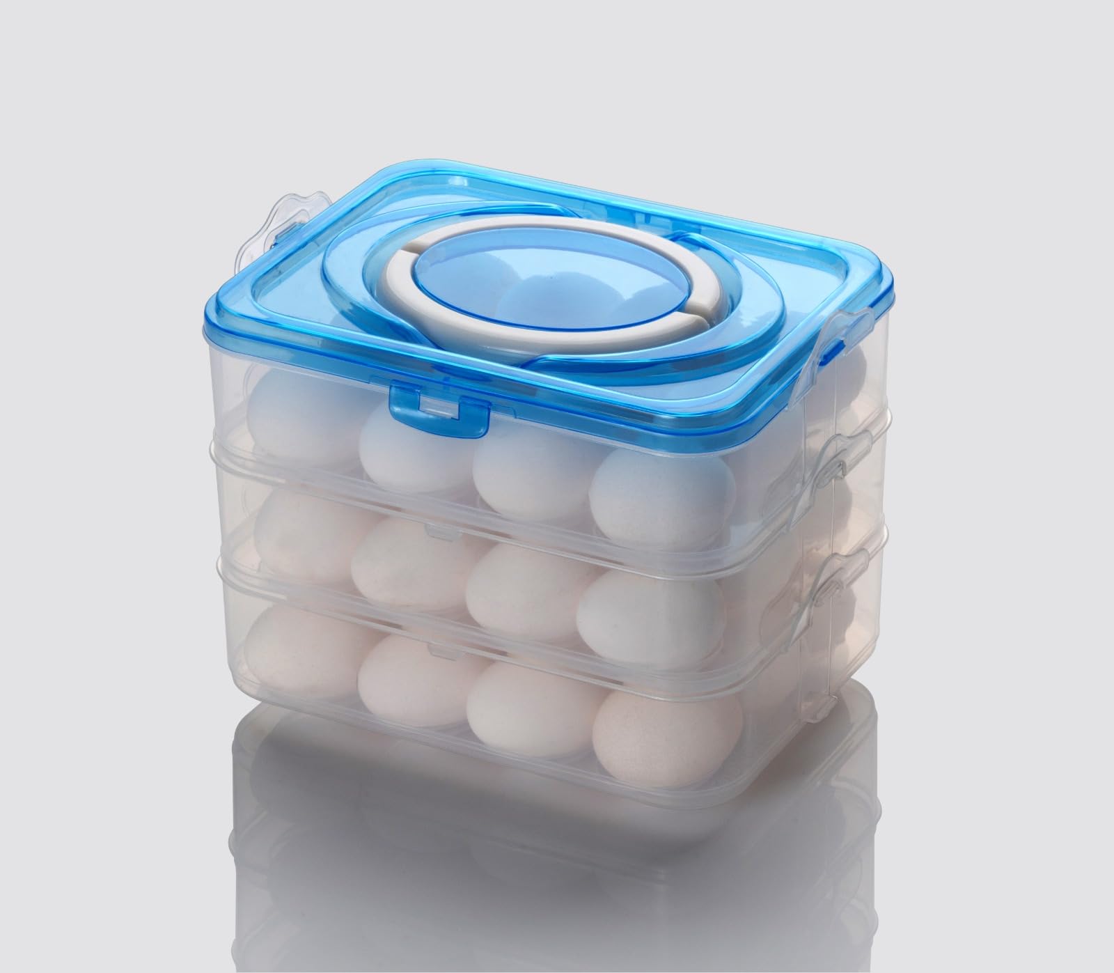 NEKZA PLAST Plastic Egg Storage Box Egg Containers Tray for Fridge Plastic Egg Holder with Handle Lid Portable Kitchen Storage Basket for Refrigerator Rack Egg 36 Grid (3 Layer Blue)