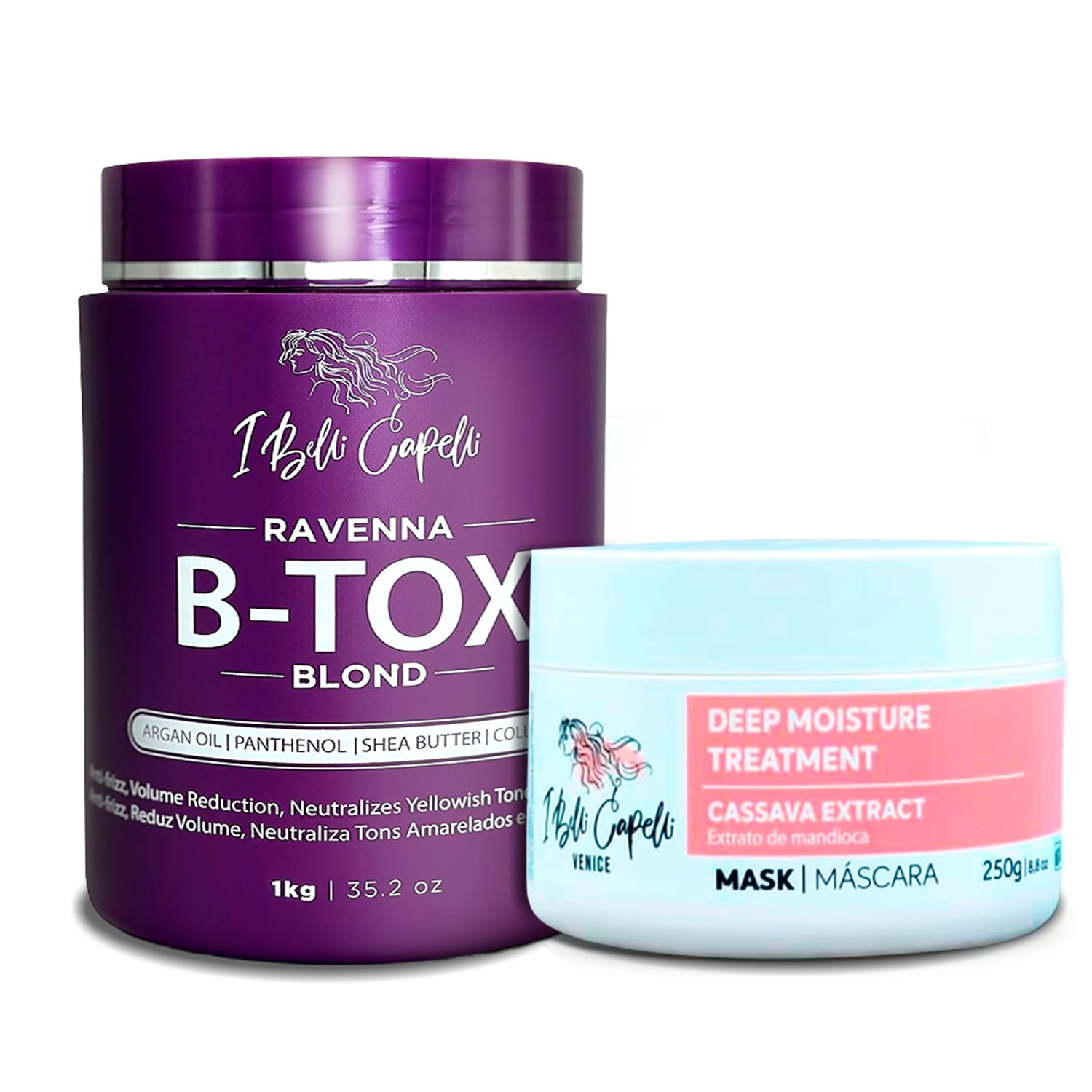 I Belli CapelliKit Ravenna B-tox Blond Volume Reducer Thermal Activated Straightening 1kg/35.2 oz e Venice Máscara Mandioca Hidratação 250g/8.8 oz