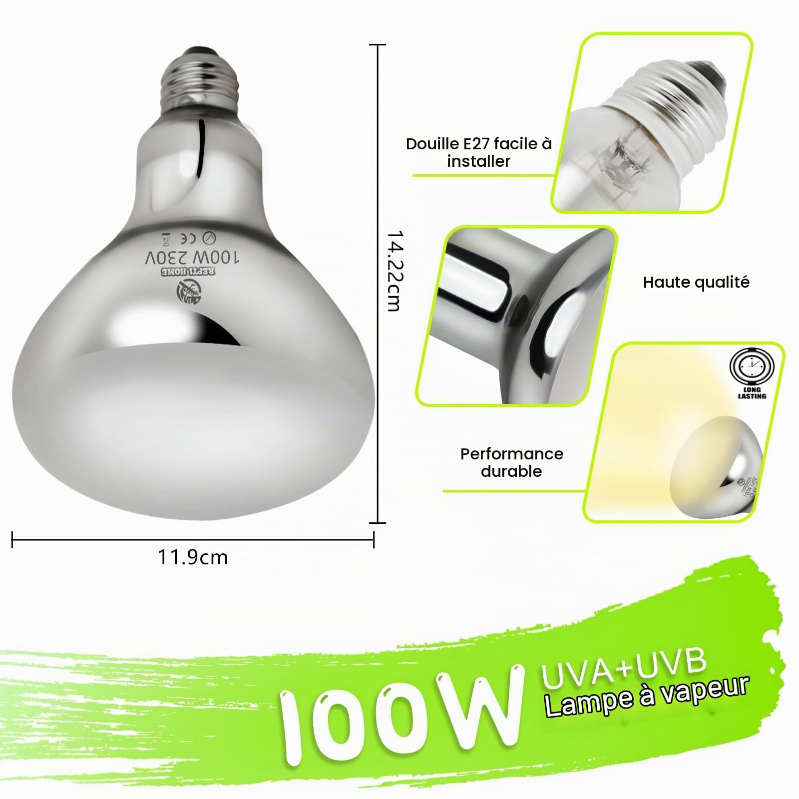 UVA UVB Lampe Chauffante Pour Reptiles, 100W E27 Ampoule Lampe UVB, Lampe Chauffante Pour Reptiles Et Amphibiens, Tortue