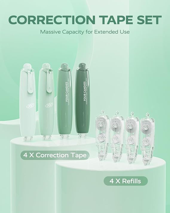 Four Candies Refillable Retractable White Correction Tape, 4PCS Smooth White Pull-Out Tape with 4 Extra Refills, Easy to Use Applicator for Instant Corrections for Office, School Supplies (Green)