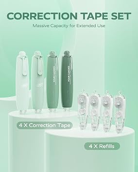 Four Candies Refillable Retractable White Correction Tape, 4PCS Smooth White Pull-Out Tape with 4 Extra Refills, Easy to Use Applicator for Instant Corrections for Office, School Supplies (Green)