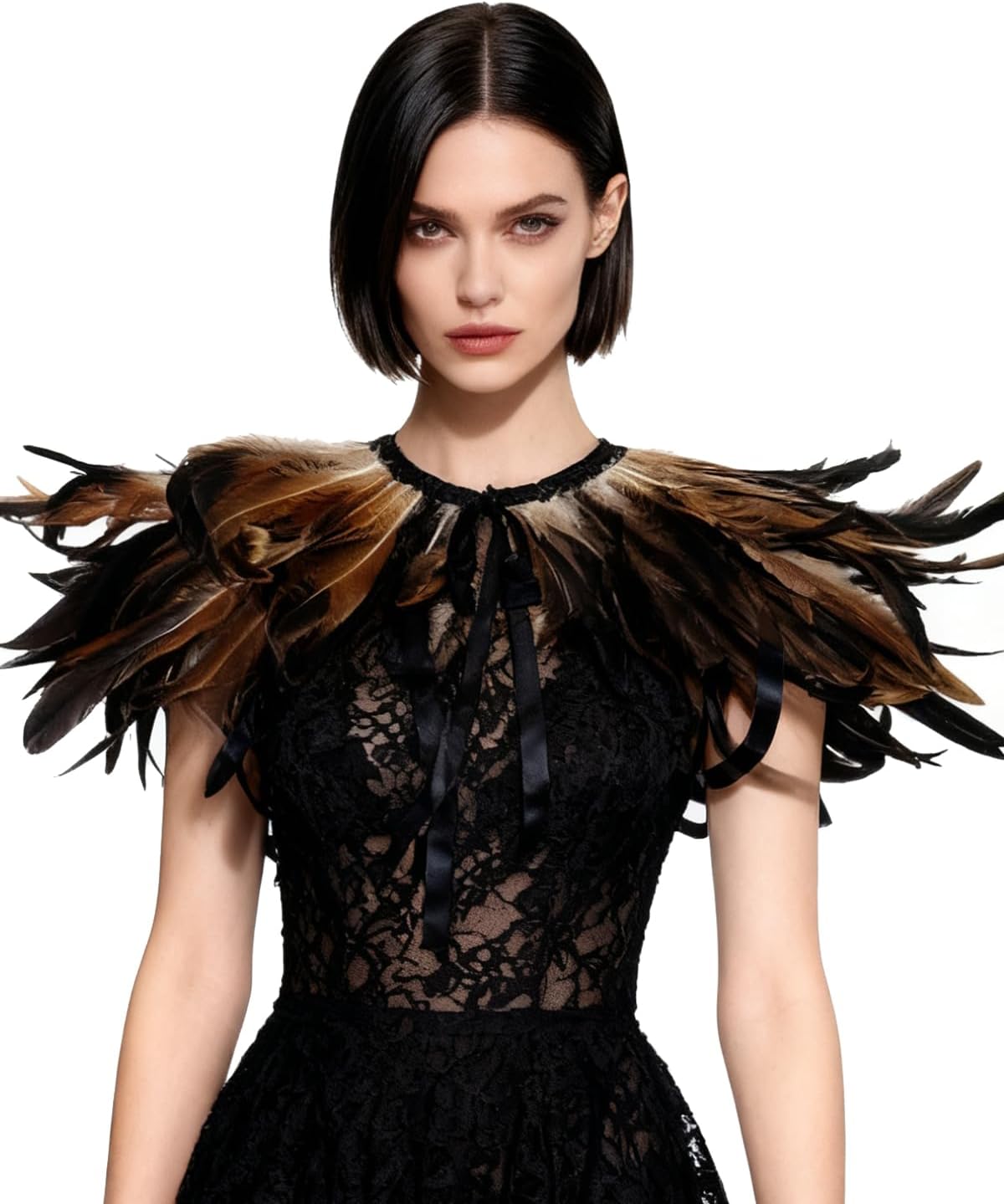 L'VOW Women's Real Nature Feather Shrug Cape Lace Shawl Collar Witch Cosplay Costumes for Halloween Carnival