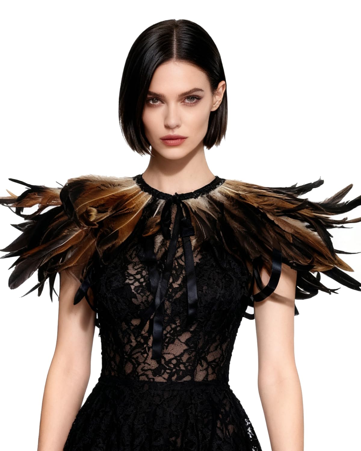 Women's Real Nature Feather Shrug Cape Lace Shawl Collar Witch Cosplay Costumes for Halloween Carnival