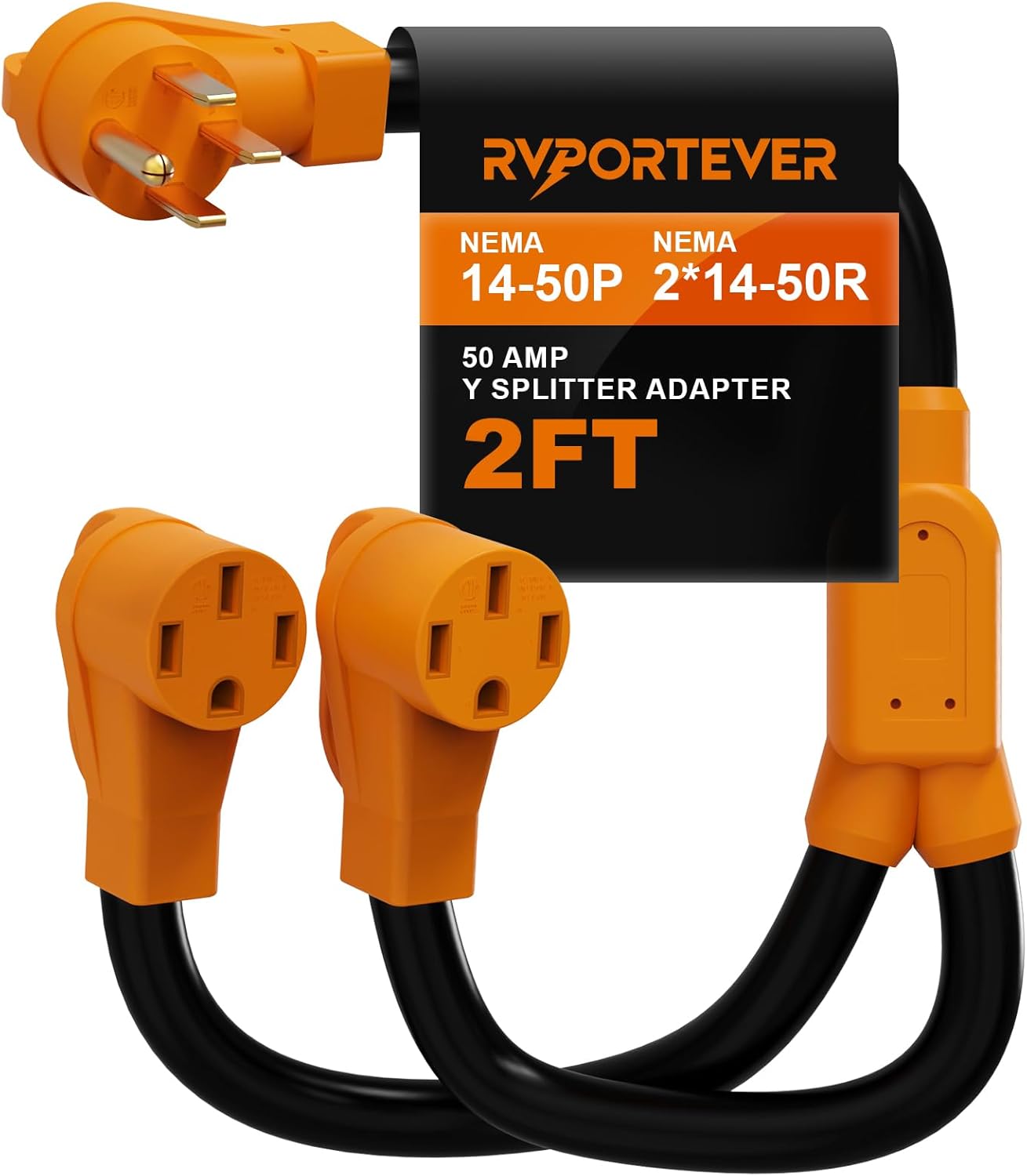 50 Amp RV/EV Splitter Adapter Cord, 4 Prong 250V NEMA 14-50P to 2X 14-50R, ETL Listed Heavy Duty 6/3+8/1 AWG 250V 2FT Power Extension Cord for EV RV Trailer Camper Charging