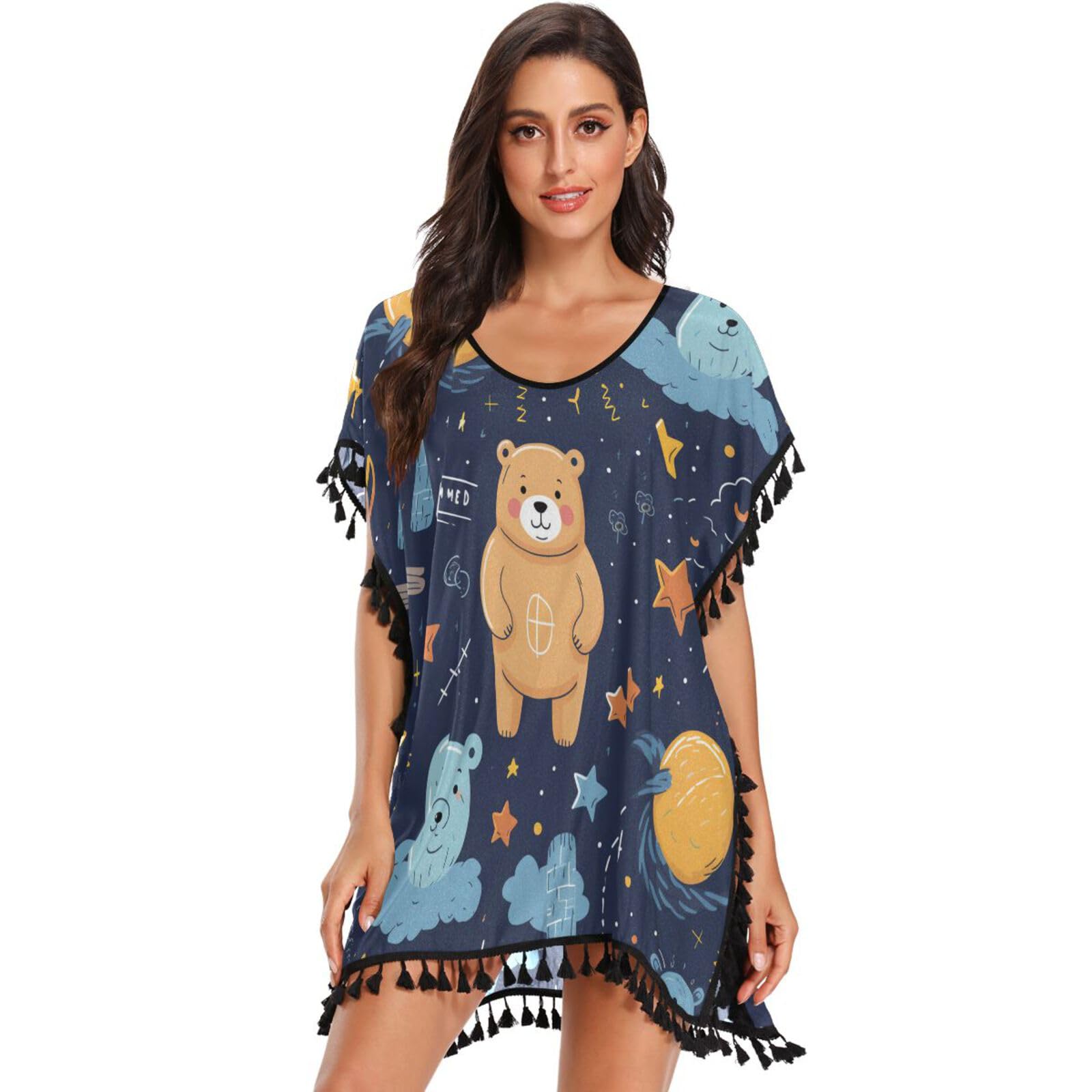 KAAVIYO Cute Bear Blue Star Women's Beach Cover Up Chiffon Tassel Swimwear Swimsuit Coverups for Girl