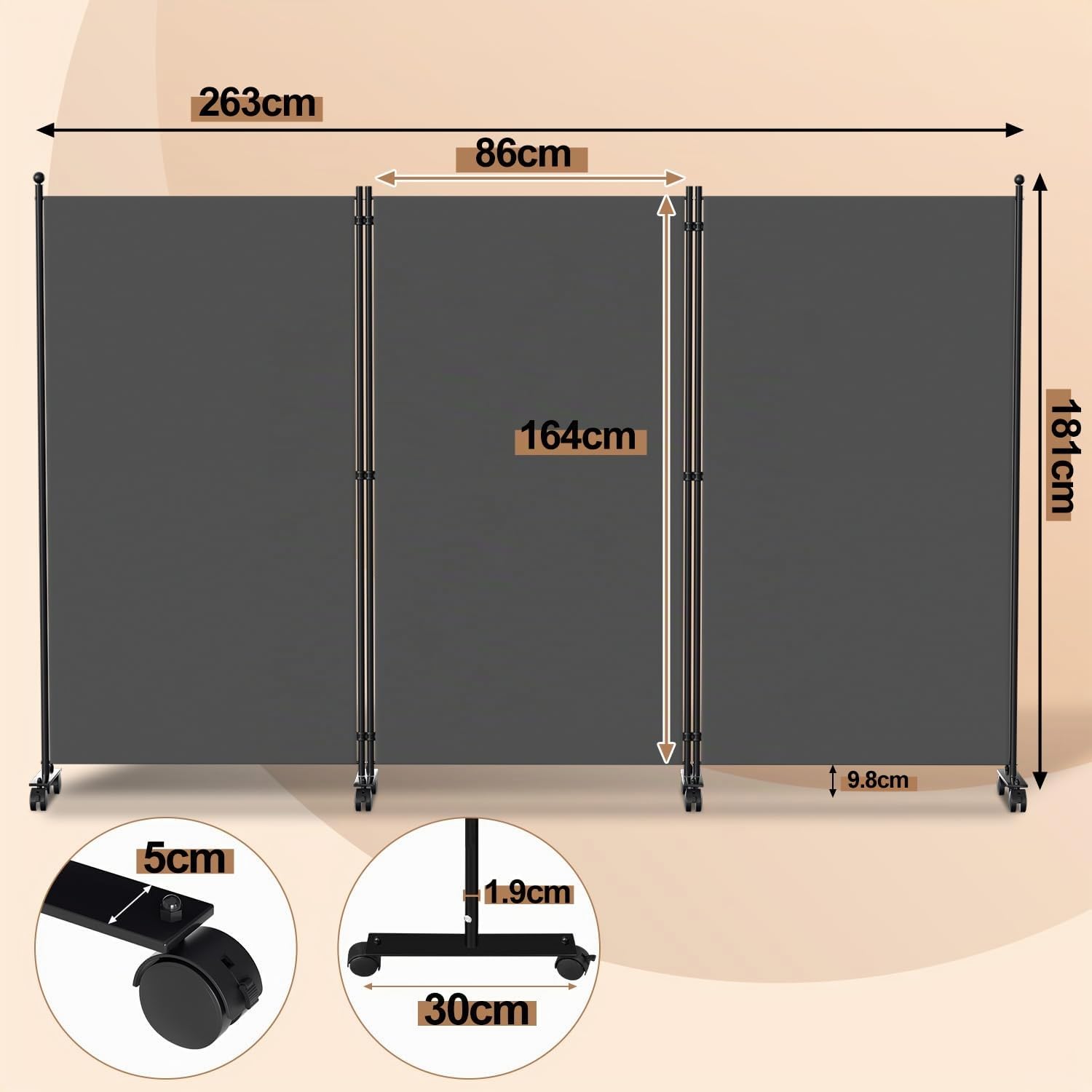 Paravent auf Rollen, flexibel 3 Teilig Privatschutz,263x181cm verstellbar Sichtschutz Stellwand Sichtschutz Windschutz, Raumtrenner für Garten, Badmöbel, Büros, Anthrazit