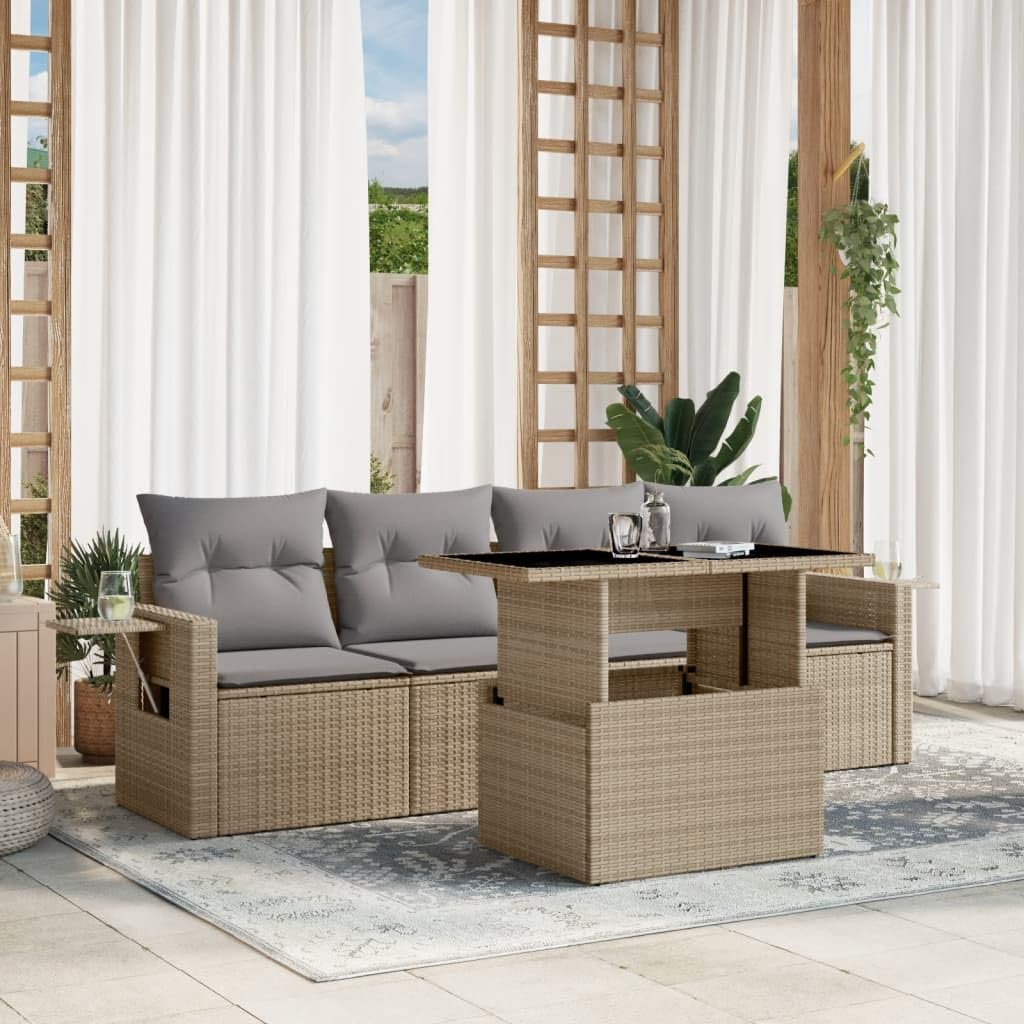 Lechnical Set Divano da Giardino 5 pz con Cuscini Beige in Polyrattan,Set di Conversazione per Patio,Set Salotto da Esterno,Set Divano da Giardino Esterno-3267729