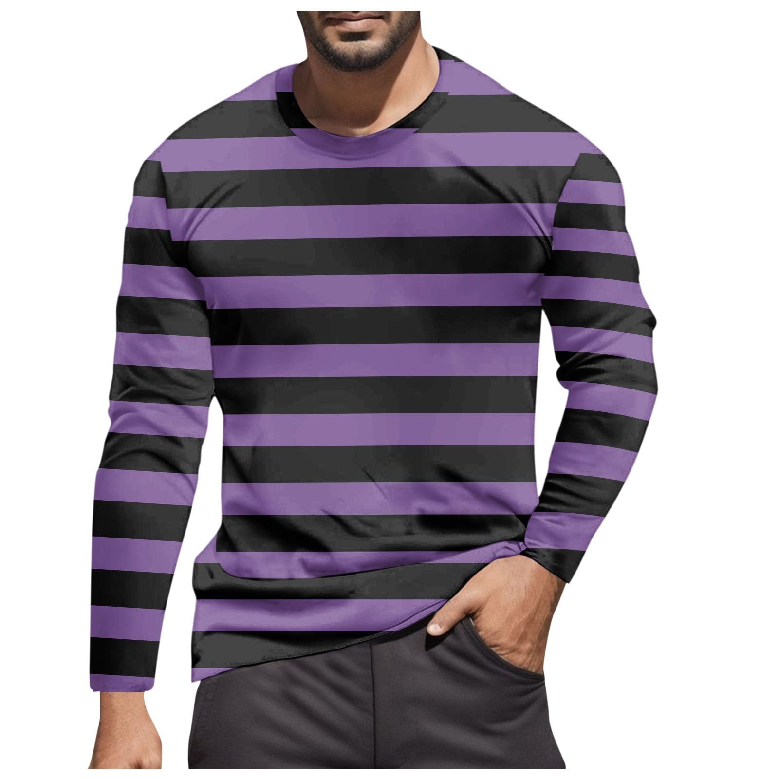 Striped Shirt Men Women Red White Long Sleeve T-Shirt Carnival Long Sleeve T-Shirt Horizontal Stripes Wide Stripes Fine Stripes Crew Neck Leisure Top Striped Shirt Fancy Dress Costumes, Purple 11, S