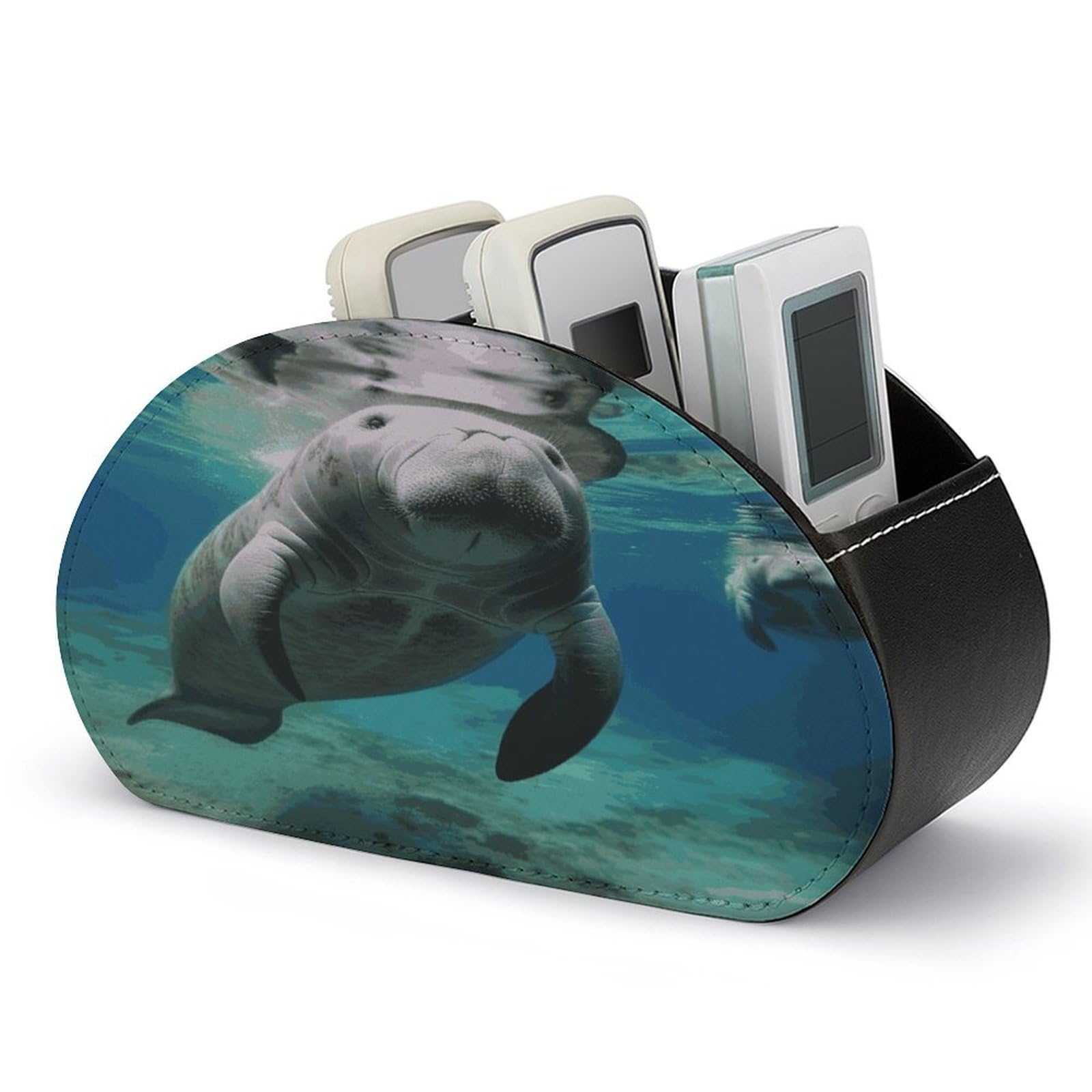 LZQPOEAS Ocean Animal Manatee Remote Control Holder Desk Storage Organizer Box Container Remote Storage Box with 5 Compartments PU Leather Remote Caddy for Home Bedside Table Organizer