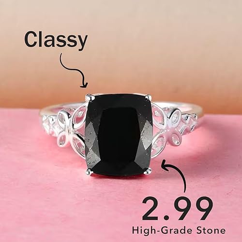 Miniatura 5 de Black Tourmaline Ring in 925 Sterling Silver - October Birthstone Rings for Women - Engagement Promise Floral Statement Vintage Solitaire Tourmaline
