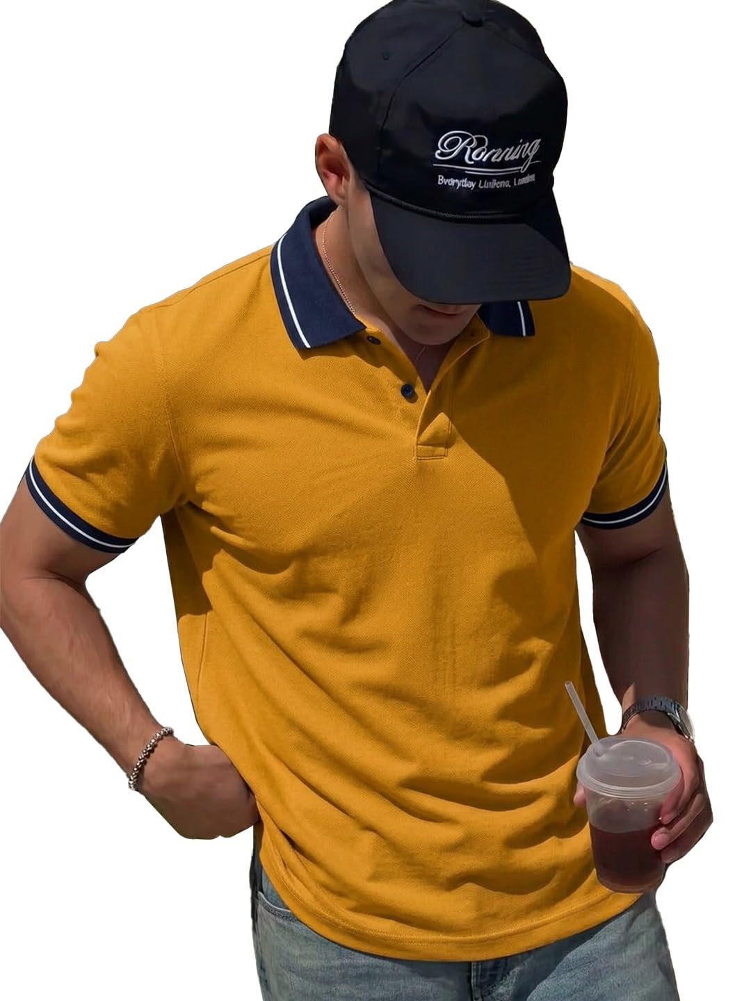 leotude Men’s Polo T-Shirt Mustard with Navy Blue Collar | Half Sleeve Regular Fit Matty | Casual Stylish & Premium All Day Wear-picture-19