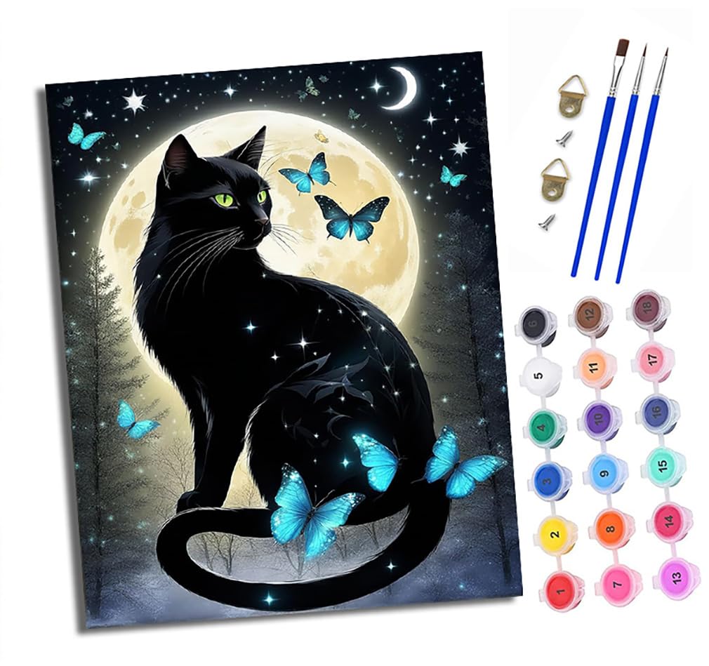 Xxhxie Black Paint By Numbers For Adults Painting Kit For Adults Craft Art Painting Kit Acrylic Pigment Drawing Cat And Butterfly Under The Moon Paintwork For Gift Home Wall Decor 16X20 Inch (With Frame)