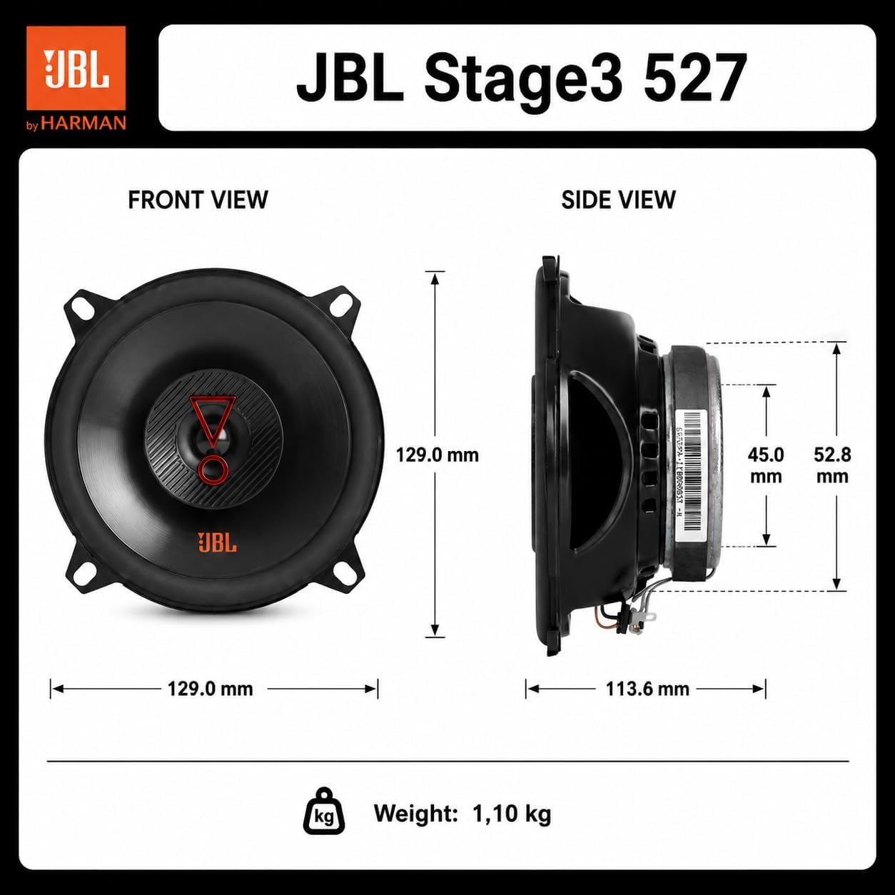 JBL Set di altoparlanti per auto a 2 vie Stage3 527 di Harman Kardon - Casse altoparlanti da auto da 200 Watt 13 cm