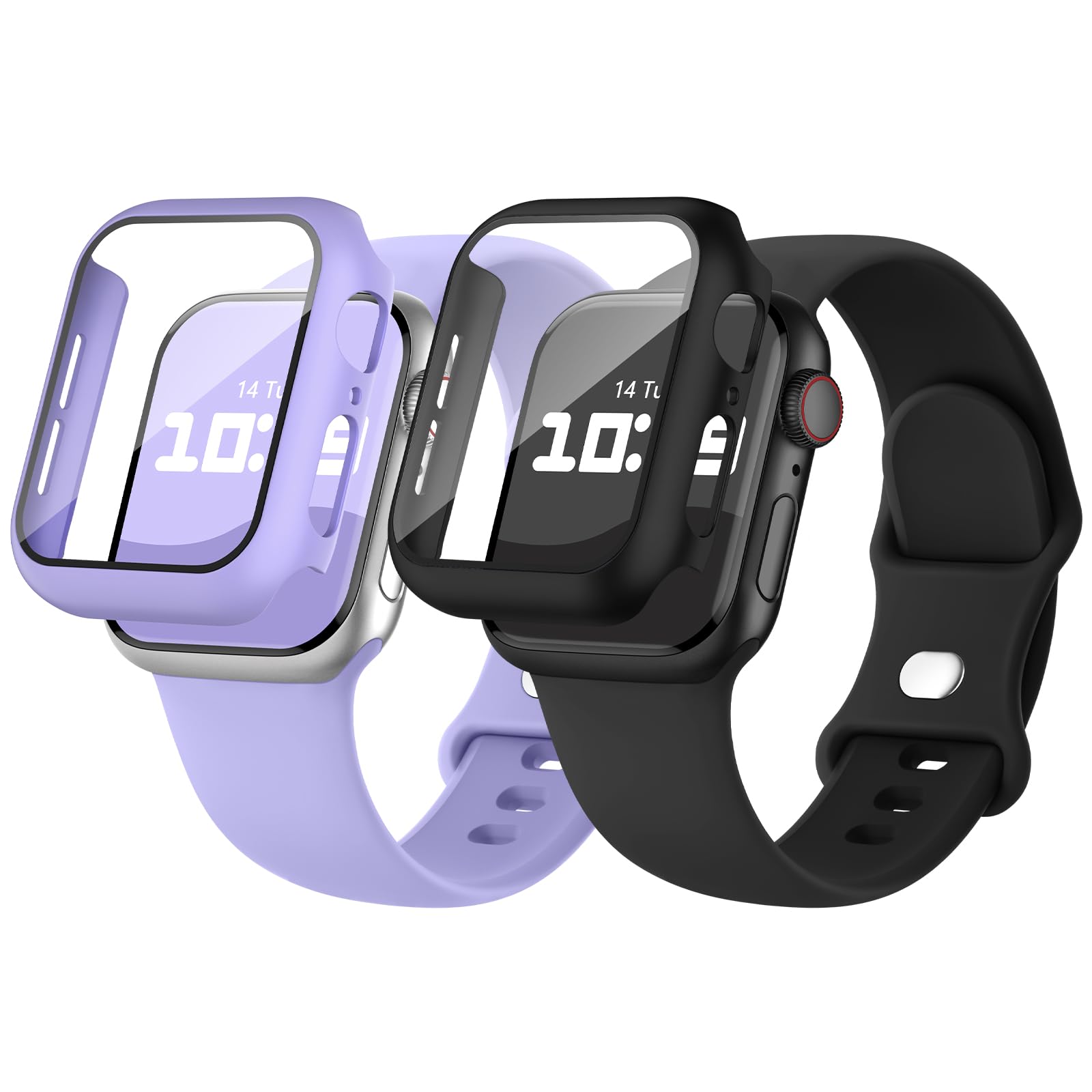 2 Pack 3-IN-1 for Apple Watch Band with Case & Screen Protector 40mm 41mm 44mm 45mm, Silicone Sport Band and Protective Cover with 9H Tempered Glass