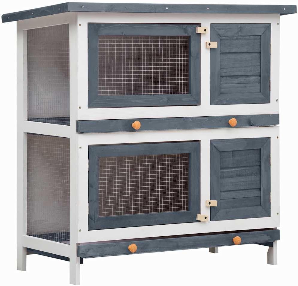 vidaXL Outdoor Rabbit Hutch Wooden Home Lawn Yard Mouse House Rabbit Small Animal Pet Hutch Habitat Carrier Chicken Room 4 Doors Grey Wood