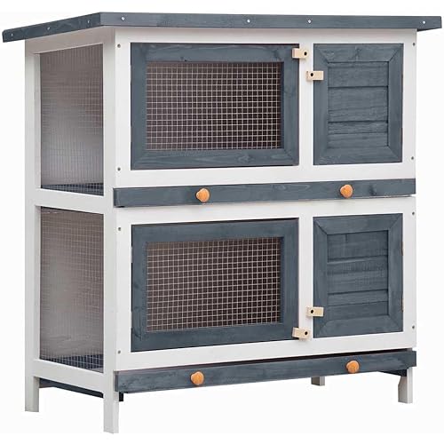 vidaXL Outdoor Rabbit Hutch with Pull Out Trays Grey Wood | Pet Enclosure for Rabbits and Small Animals Weatherproof & Easy to Clean Design Ideal Garden Yard Use Wooden Cage Animal Habitat House