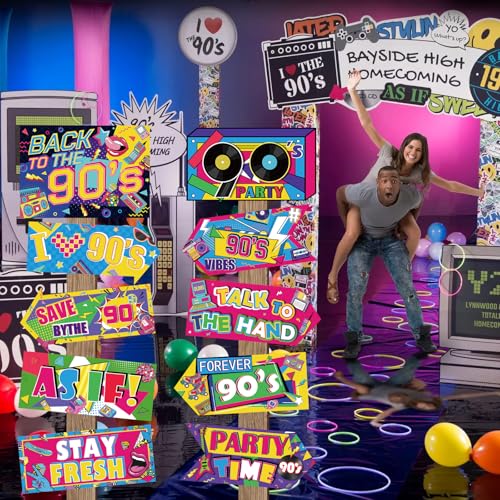 Image of Hooqict 20 Pieces 90s Party Decorations Sign Retro Hip Hop Party Sign for Back to The 90s Adults Neon Throwback Birthday Party Supplies