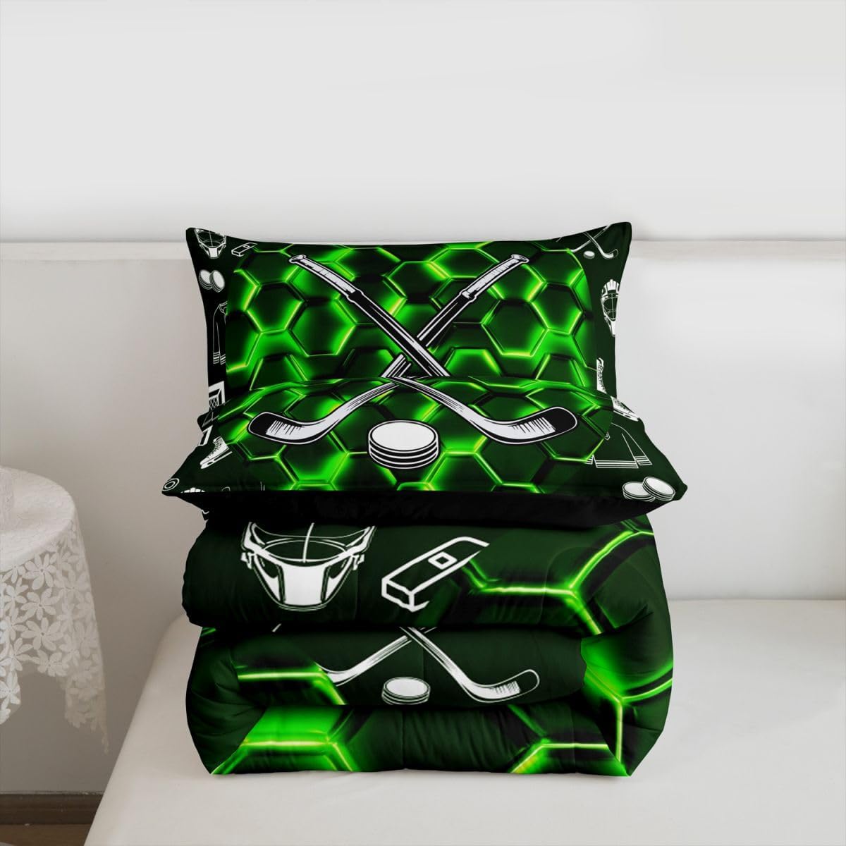 Boys Black White Green Neon Bedding Set Queen Size Sports Ice Hockey Comforter Set For Teen Men Kids Geometric Honeycomb Duvet Insert Winter Hockey Quilt Set Hexagonal Beehive Decor,2 Pillow Cases