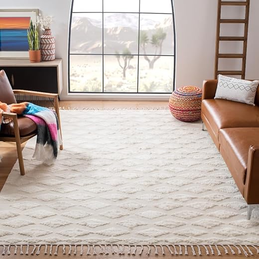 SAFAVIEH Casablanca Collection Area Rug - 8' x 10', Ivory, Handmade Moroccan Tassel Wool 0.8-inch, 0.8-inch Thick Ideal for High Traffic Areas in Living Room, Bedroom (CSB558A)