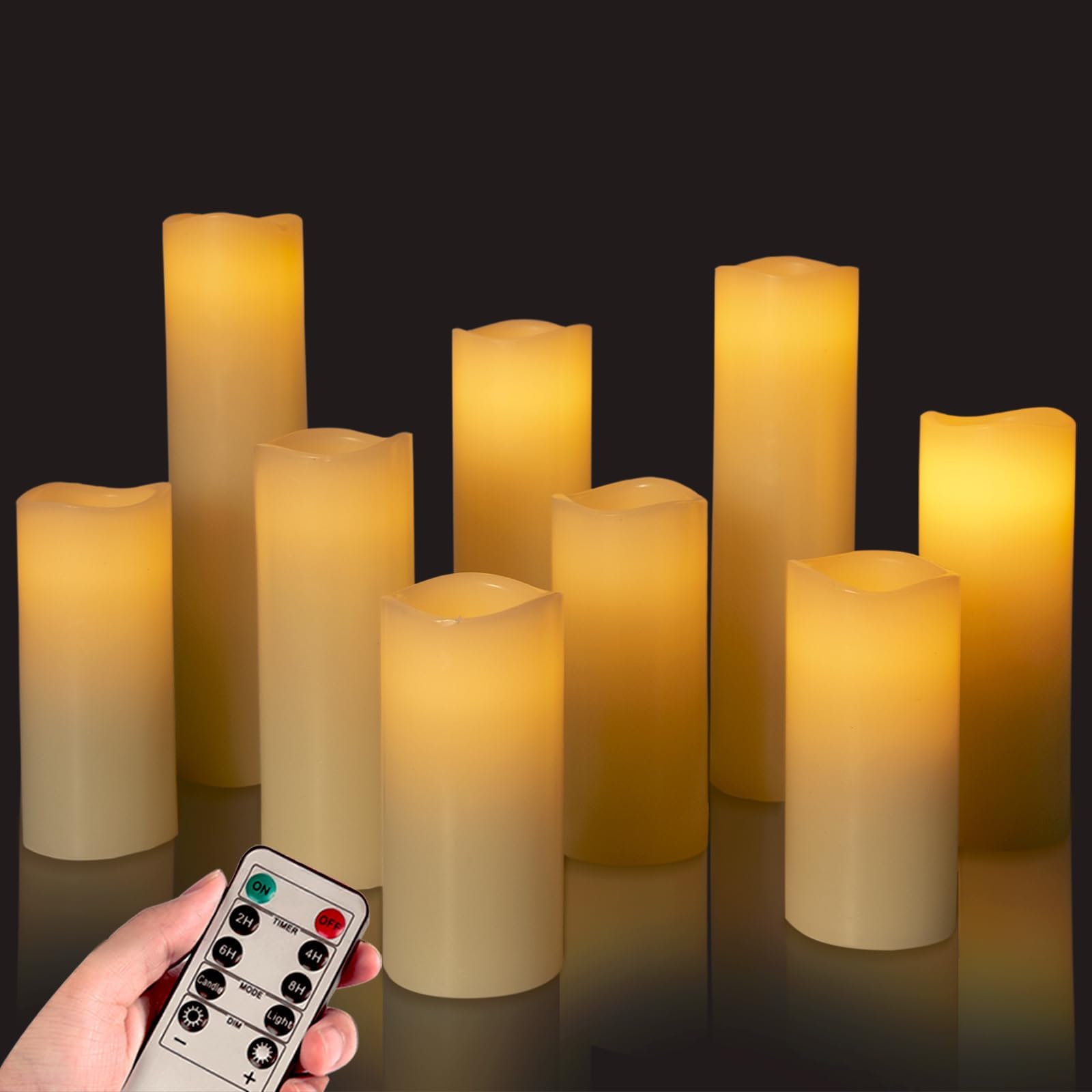 YIWER Flameless Candles Battery Operated Candles 4" 5" 6" 7" 8" 9" Set of 9 Ivory Real Wax Pillar LED Candles with 10-Key Remote and Cycling 24 Hours Timer