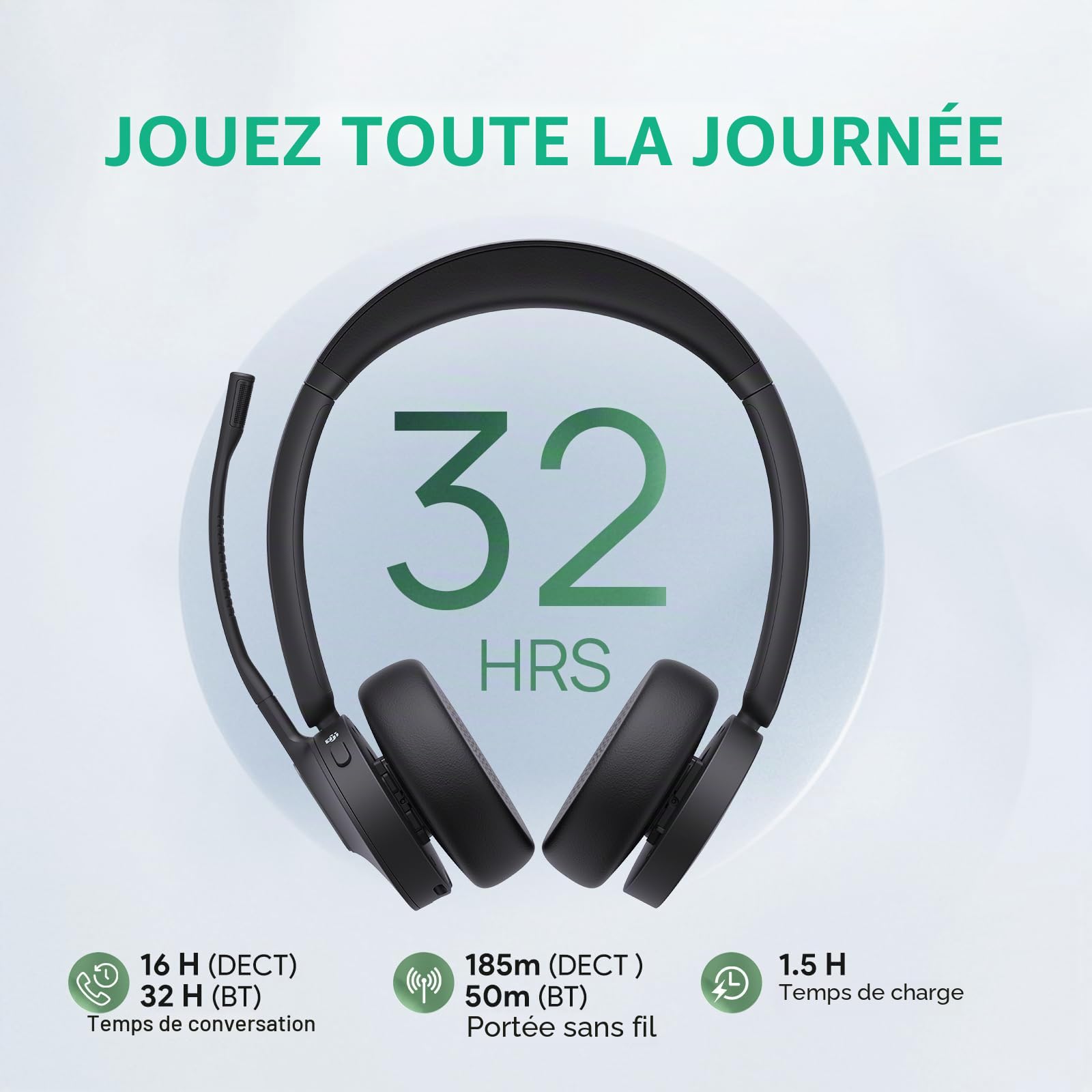 Yealink WH64 Casque sans fil avec microphone, portée de 185 m, DECT & Bluetooth, double mode, casque sans fil avec 3 microphones pour Teams Zoom, Skype, UC, téléphone IP, PC, temps de conversation 32H
