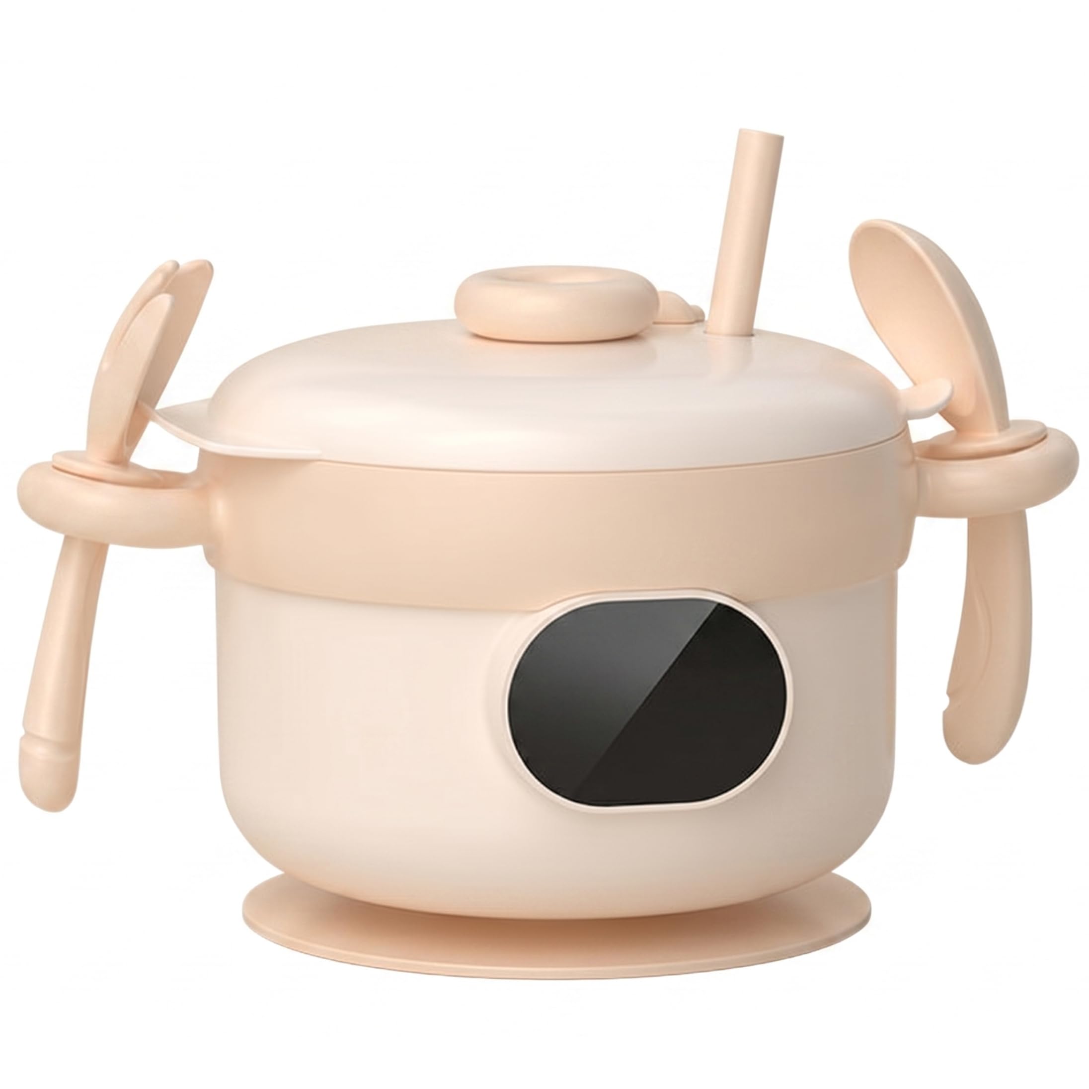 Scaldapappe intelligente ricaricabile con rivestimento in acciaio inossidabile, ciotole portatili a 3 temperature con cucchiaio, cannuccia e forchetta per la casa e l'esterno, Beige