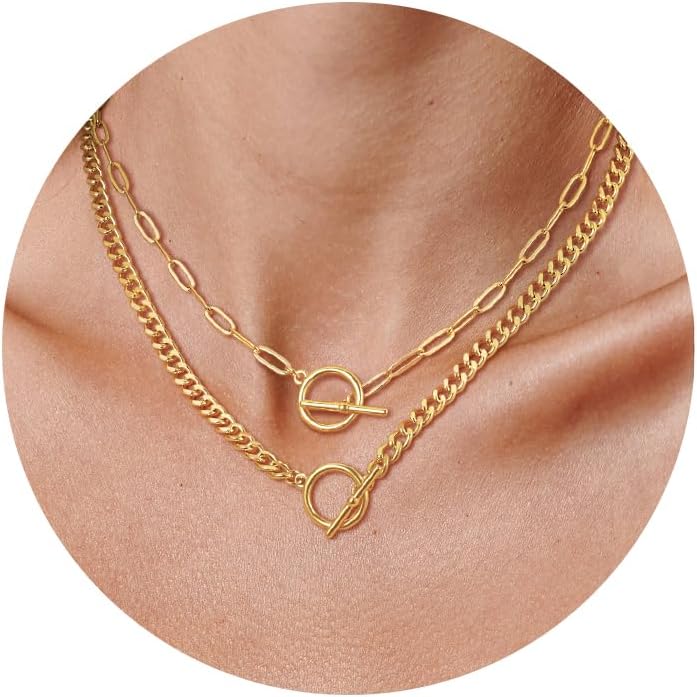 CHESKY Layered Necklaces for Women, 14K Gold Plated Chain Necklace Women Trendy Cuban Link Paperclip Chain Toggle Clasp Necklace Fashion Chunky Jewelry for Women