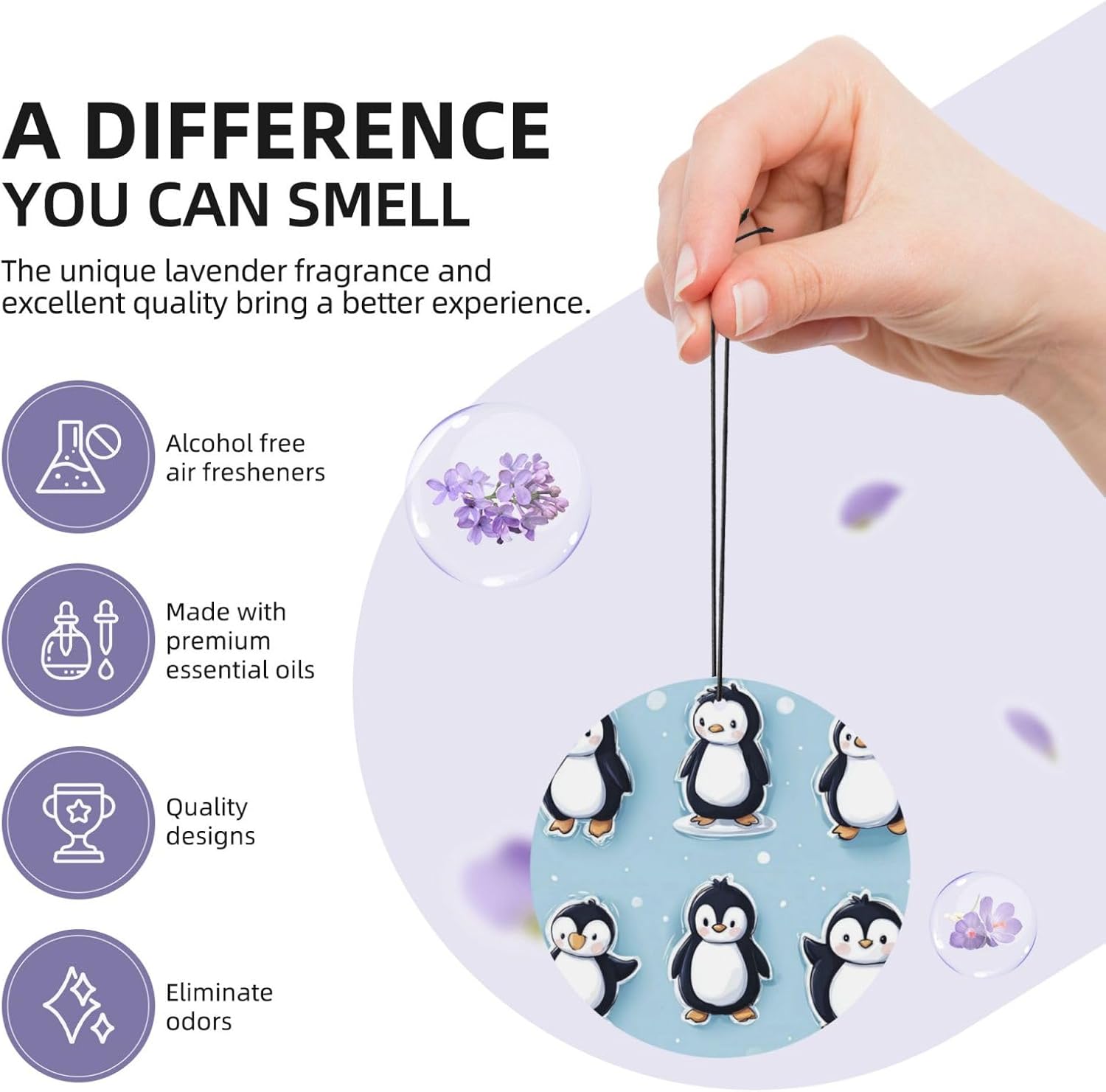 Car Air Freshener 24 PCS Cute Penguins Hanging Car Air Fresheners Auto Interior Decor Card Freshener Strong Scented Card Lavender Cars Scents for Office Bedroom Close Drawer Round Shape