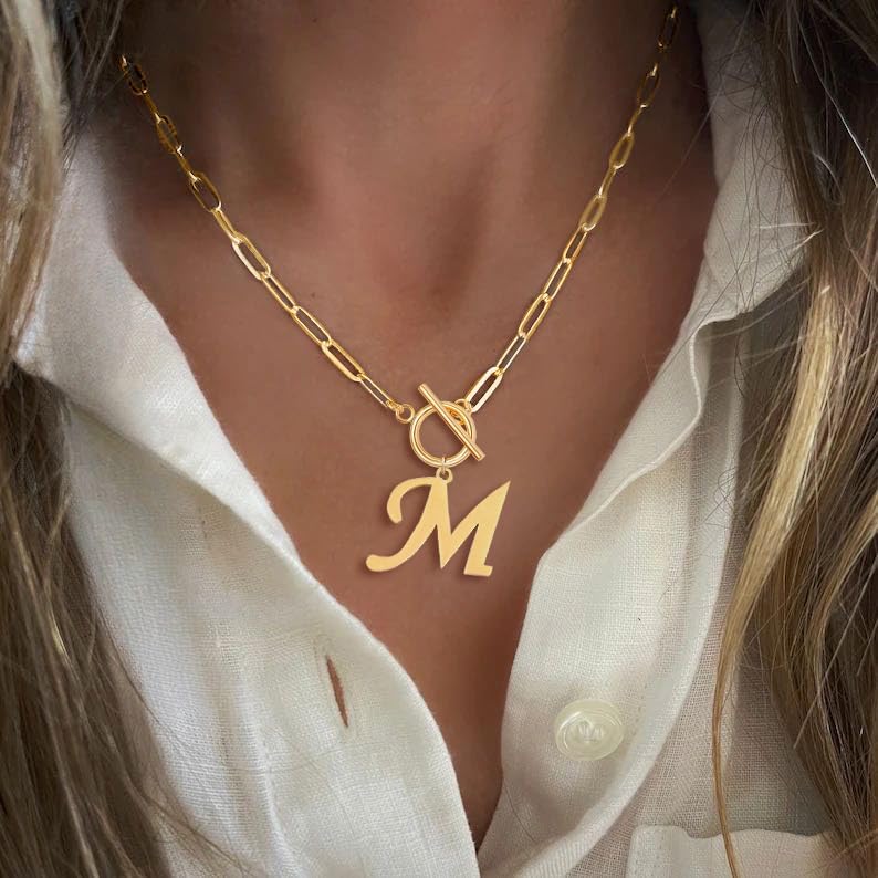 Gold Initial Necklaces For Women- Vintage 18K Gold Plated Toggle Letter Necklace Paper Clip Chain Choker Necklace For Women Jewelry Gifts - Image 2