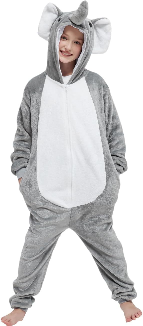 Elephant Onesie Kids Animal Deer Costume for Girls Boys One Piece Pajamas Cosplay Plush Soft Halloween Sleepwear