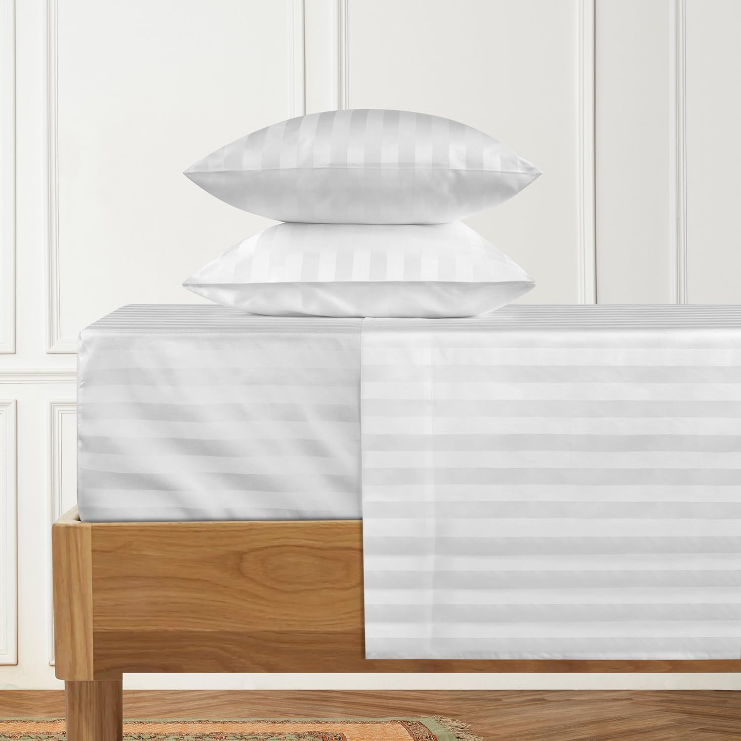 URBANHUT 100% ägyptische Baumwolle, Fadenzahl 1000, King-Size-Bettlaken-Set, Qualität (4-teilig), Luxus-Bettlaken für King-Size-Bett, Satingewebe, elastische Tiefe Tasche, weiß gestreift