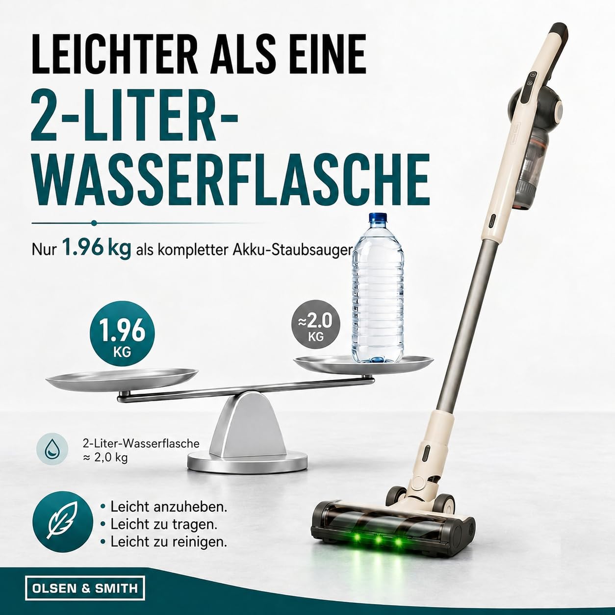 Olsen & Smith Selbstentleerender Akku Staubsauger – Leichter 5,3 kg Stiel- & Handstaubsauger, 18 kPa Saugkraft, 25 Min. Laufzeit, H13-HEPA-Filter, LED-Licht – Tierhaare, Auto & Teppich – Creme