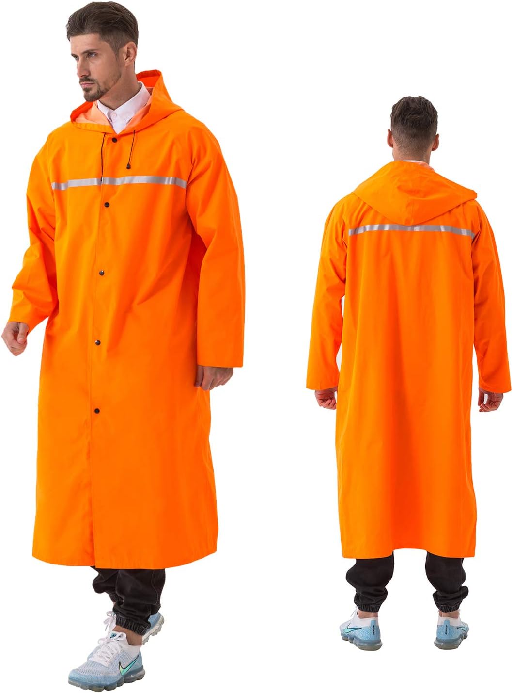 ioutdoorMens Raincoat Long Rain Mac Women Waterproof with Drawstring Hood,Reflective Rain Coats for Rainy Camping Hiking Fishing